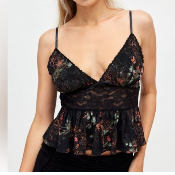 Ecote Tops - Ecote Floral Lace Trim Black Top Whimsigoth Feminine Babydoll